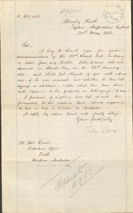 Perth - Letter from Mr Jabez Davis, Staffordshire, England re his deceased brother John Davis